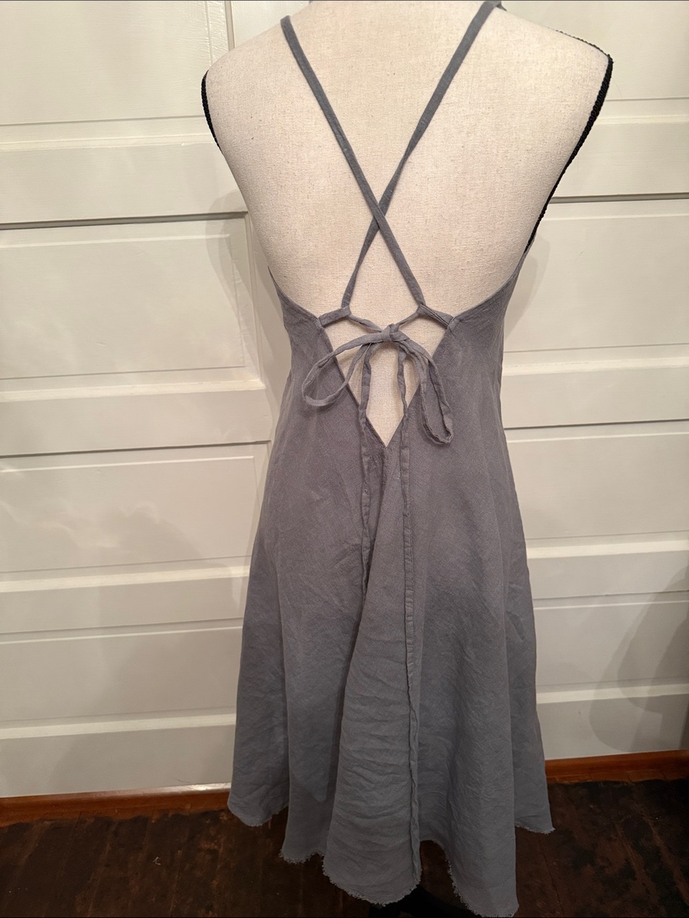 BIANKALÚ Blue Gray Linen Blend Open Back Tie Slip Midi Dress